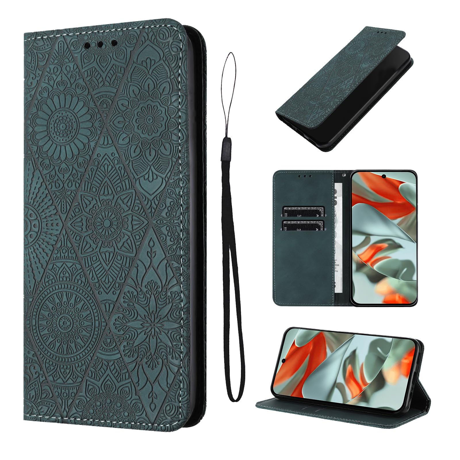 LSPCASA Phone Case For Google Pixel 9 Pro XL 6.73 inch Artificial Leather Google Pixel 9 Pro XL Case With Card Slot Flowers Pattern Kickstand Cover Green