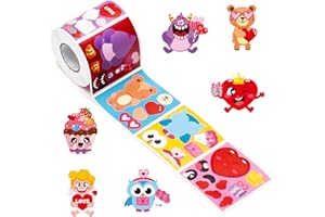ANGOLIO Valentine Face Stickers Roll - 300Pcs Valentine Monster Make a Face Sticker in 6 Designs Style with DIY Dessert Cupid Heart Pattern Sticker for Classroom School Valentines Party Gifts