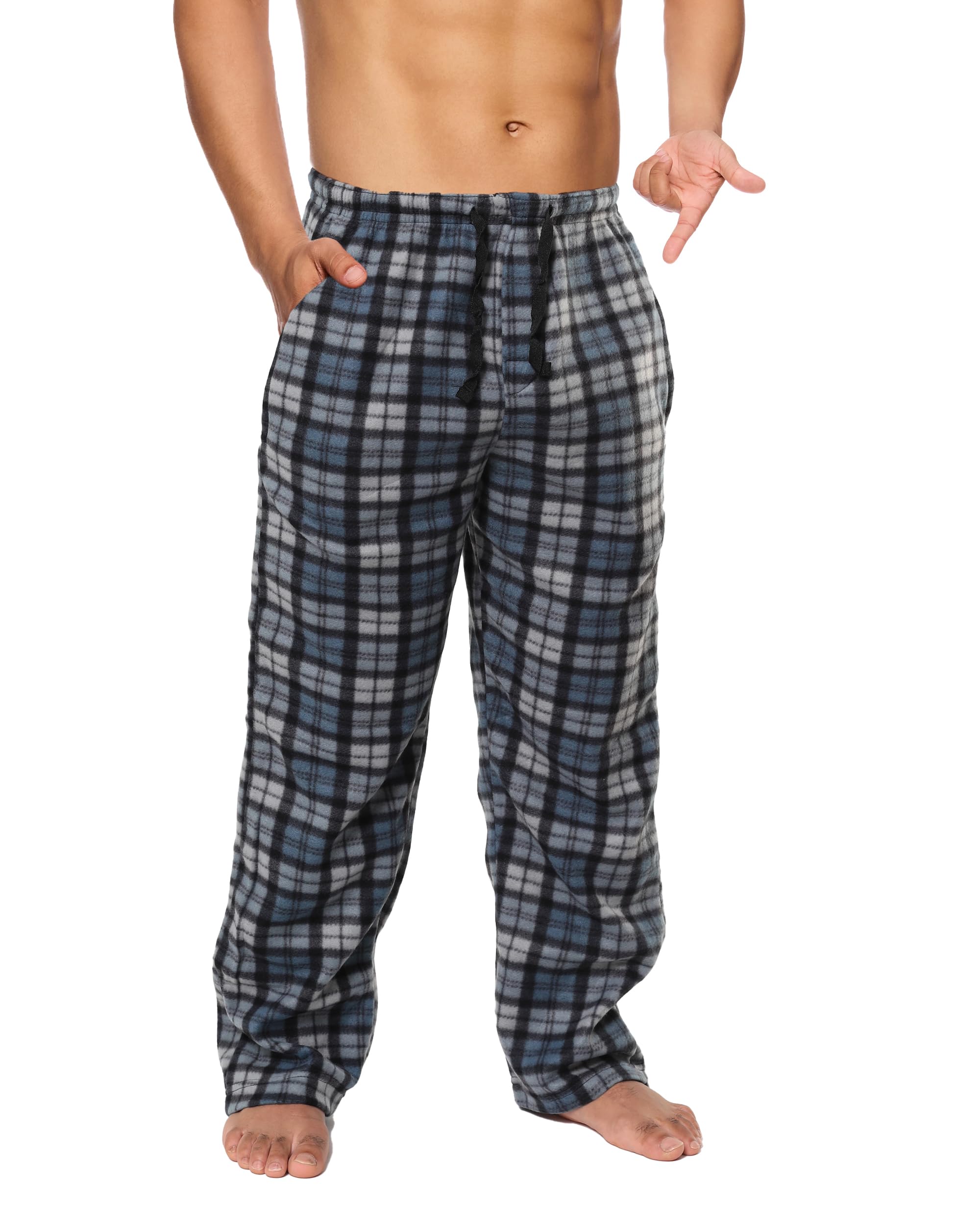 Active Club Mens Sleep Pajama Pants - Mens Fleece Lounge Pants (Grey & Navy Plaid, Medium)
