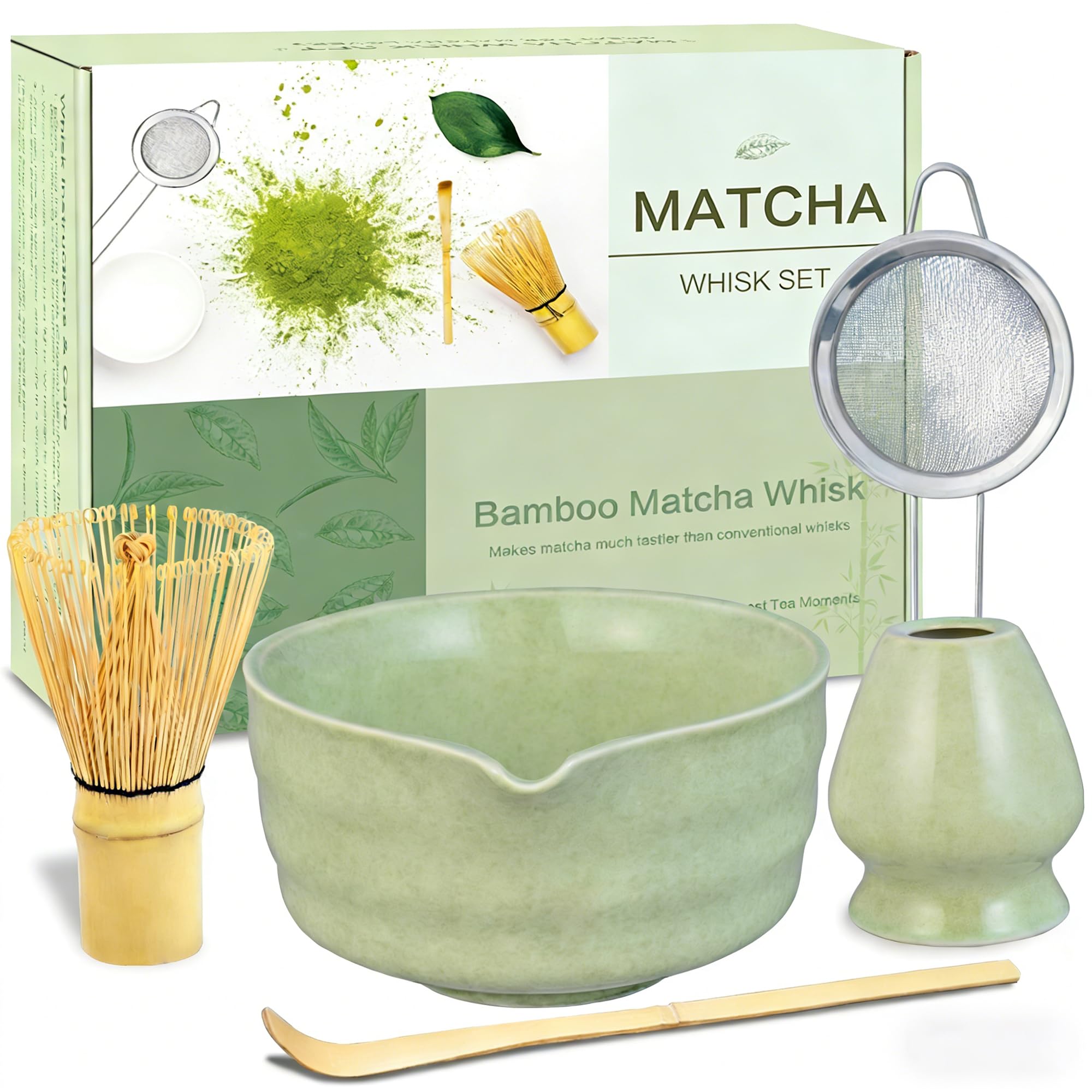 Matcha Whisk Set, Ceramic Matcha Bowl with Spout, Bamboo Whisk, Chasen Holder, Sifter, Traditional Scoop, Complete Tea Making Kit for Matcha Lovers, Beginner Starter Gifts for Women Men