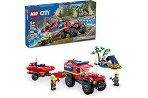 LEGO City 4x4 Fire Truck with Rescue Boat Toy for Kids Ages 5 and Up, Pretend Play Toy for Boys and Girls with a Truck Toy, Trailer, Dinghy and Tent, Plus 1 Camper and 2 Firefighter Minifigures, 60412