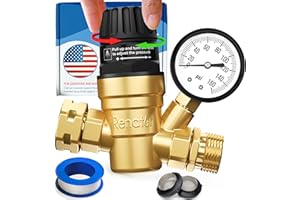 Renator RV Water Pressure Regulator for RV Camper. Brass Lead-free Adjustable Water Pressure Regulator with Gauge for Camper Travel Trailer, Reducer Valve W Filter. M33-0660R.