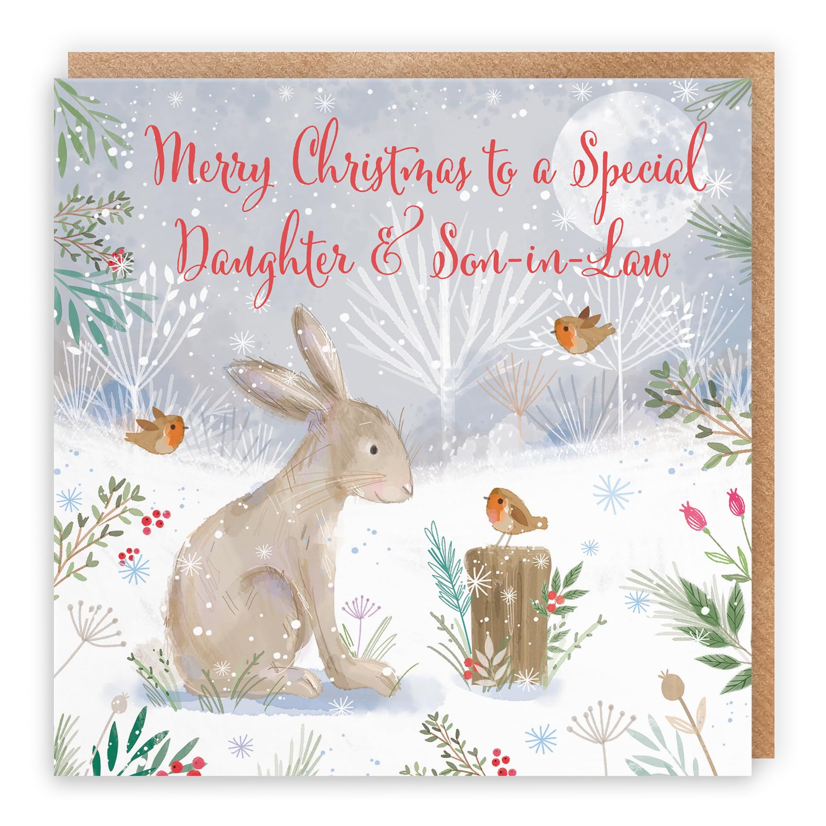 Hunts England - Daughter And Son In Law Cute Hare Christmas Card - Nature's Treasures - Daughter And Son-in-Law - Happy Animal Wildlife Cute Merry Xmas Card - Robins And Snow - From Mum, Dad, Parents