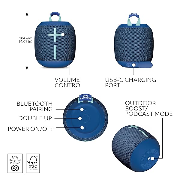 ULTIMATE EARS WONDERBOOM 4 OUTDOOR SPEAKERS BLUETOOTH WATERPROOF WITH BIG BASS & 360-DEGREE SOUND, DUSTPROOF FLOATING WIRELESS SPEAKER, 131FT RANGE – BLUE