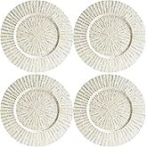 chicapica Set of 4 Wooden Charger Plates with White MOP Inlay – Handcrafted Round Shell Mosaic Underplates for Wedding, Party & Dining Table Decor (Radiating white, 13“)