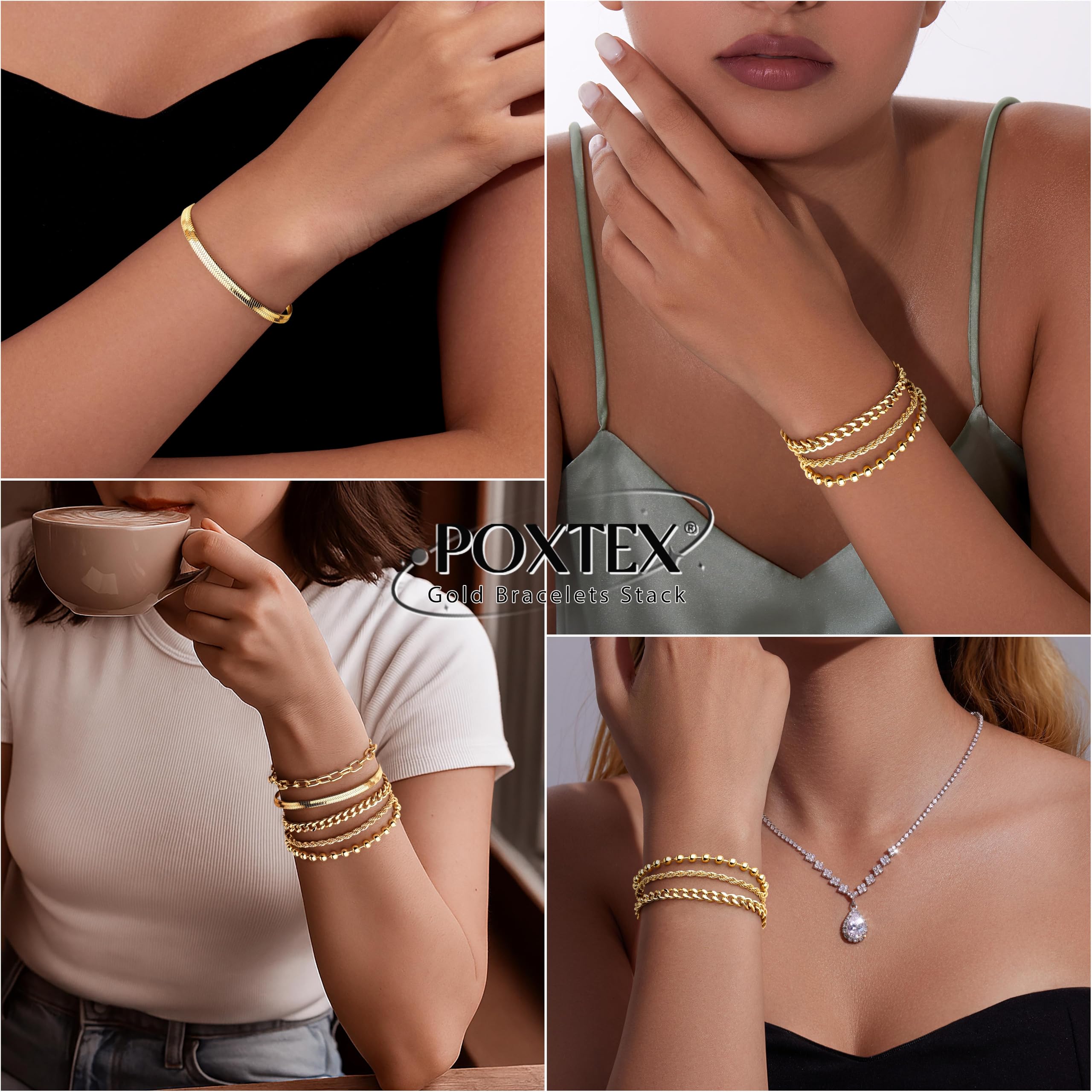 Poxtex Gold Bracelets for Women,Dainty Bracelets Set for Women Trendy, Gold Bracelets Stack With Beaded, Cuban, Paperclip, Heart, Snake, Rope, Pearl, Cross, Hand Chain, Silver Jewelry Gifts for Women