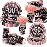 350PCS 60th Birthday Party Decorations for 50 Guests Black and Rose Gold Party Supplies for Women Include Disposable Paper Plates, Napkins, Cups, and Disposable Plastic Cutlery (60)