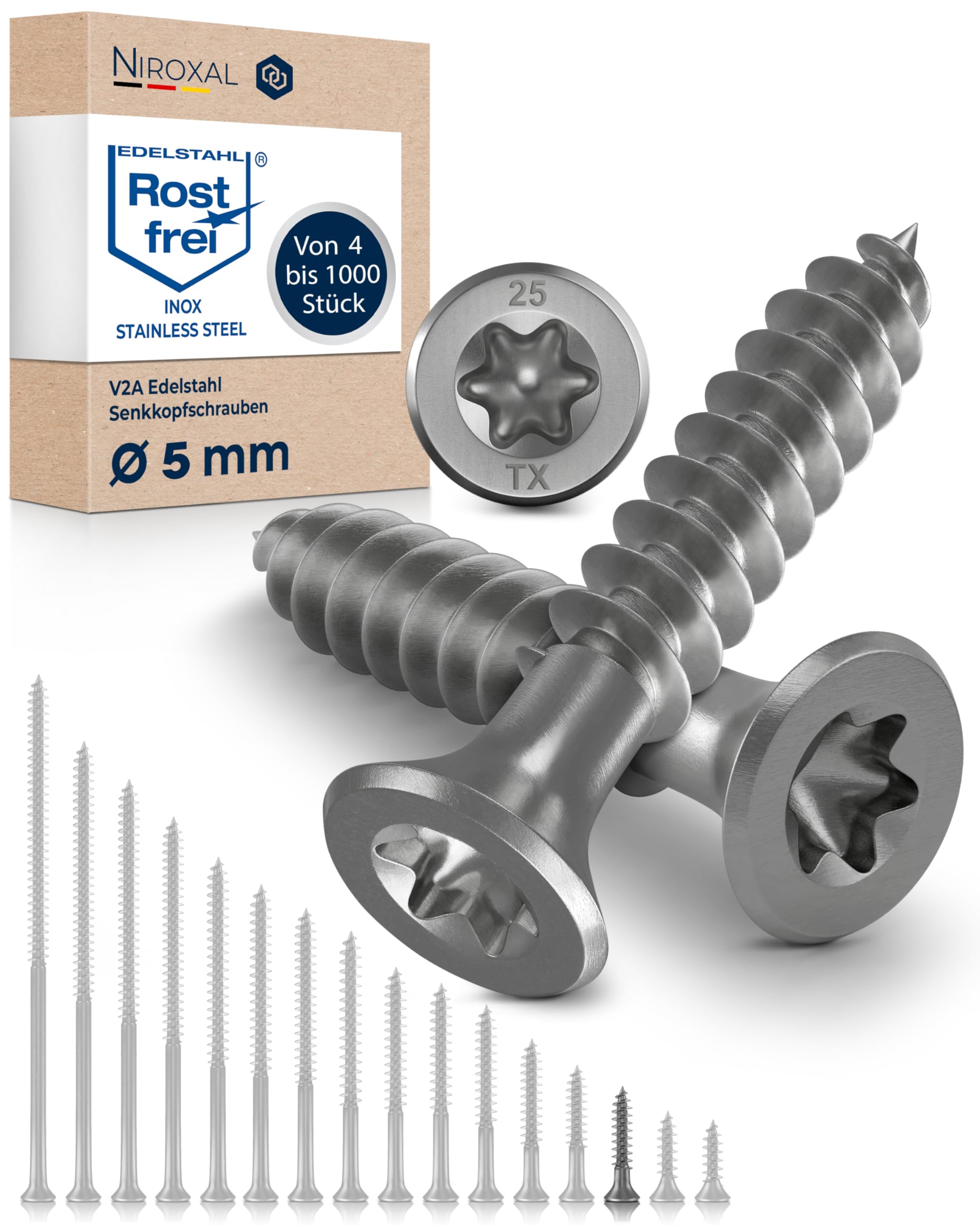 Wood Screws 5x25 mm Stainless Steel 304 Torx Countersunk Head Full Thread Chipboard Screws Pack of 200 NietFullThings