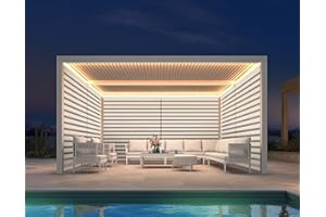 PURPLE LEAF LED Louvered Pergola 12' x 14' with Pull-Down Roller Screen All Aluminum Patio White Pergola Independently Adjustable Rainproof Louvered Roof for Outdoor Deck Garden, 3 Sides