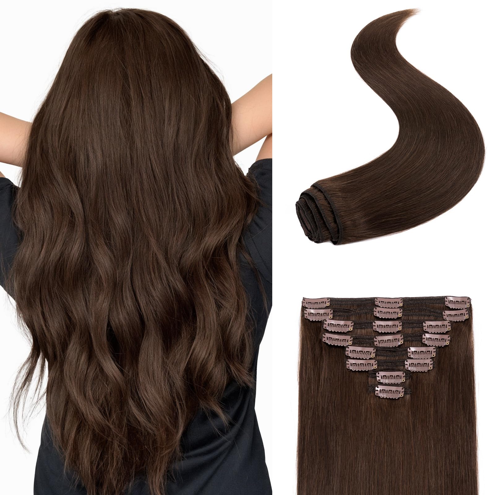 Photo 1 of S-noilite Clip in Hair Extensions Real Human Hair 16 Inch Medium Brown Hair Extensions Remy Human Hair Clip In For Women Natural Straight Double Weft 8PCS 130g #4