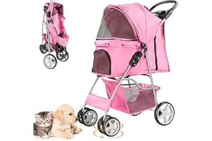 LPOTIUS Pet Stroller for Small Dogs and CatsQuick-Folding Portable Travel Cat Dog Stroller with Storage Basket and Cup Holder, 4 Wheels, Pink