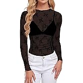 ZAFUL Women Mesh Long Sleeve Tops Lace Mock Neck Sheer See Through Shirts Ruched Floral Slim Fit Blouse