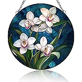 Stained Glass Suncatcher Flowers White Orchids Handmade Window Hangings Colored Glass Suncatcher Crafts Kits for Indoor Garden Christmas Decoration Home Decor for Women Wife 6.3 in