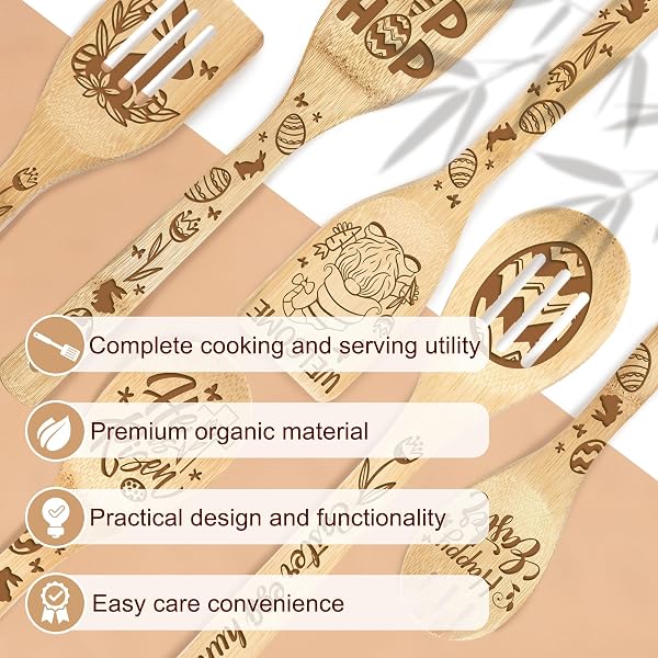 HEXAGRAM 6PC EASTER BAMBOO SPOONS CERAMIC UTENSIL HOLDER WITH SPOONS, BLUE BUNNY TRUCK COOKING TOOLS KITCHEN UTENSILS SET, FARMHOUSE EASTER DAY KITCHEN DECOR
