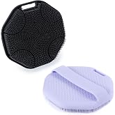 MtBoi 2 Pack Silicone Exfoliating Body Scrubber with Handle, Soft Silicone Loofah for Sensitive Skin, Body Brush &amp; Shower Head Massager with Hanging Loop, Easy to Clean, Rich Lather (Black&amp;Purple)
