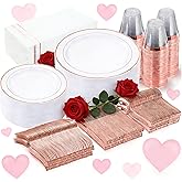 GATHER 350PCS Rose Gold Plastic Plates - Disposable Rose Gold Dinnerware Sets Includes 100 Gold Rimmed Plastic Plates, 150 Silverware, 50 Napkins, 50 Cups for Party, Wedding, Valentine's Day