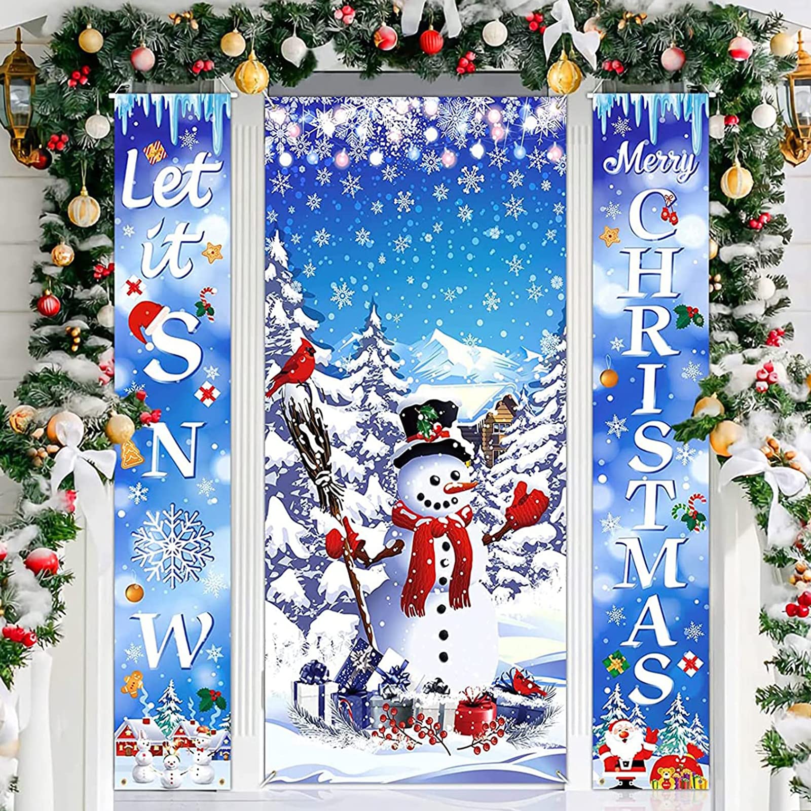 3PCS Blue Christmas Decorations Winter Snowman Door Cover Let It Snow Porch Sign Merry Christmas Snowflakes Snowman Door Banner Photo Booth Props for Winter Welcome Christmas Holiday Front Door Decor
