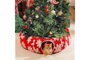 PEQULTI Cat Christmas Tunnel with Bed for Indoor Cats, Cat Donut Tunnel Under The Tree with Washable Soft Plush Mat, Round Tube Toys Cute Tube for Kittens, Puppies, Rabbits and Ferrets, Red