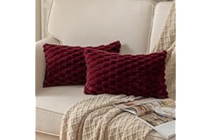MANDIOO Pack of 2 Burgundy Super Soft Plush Fluffy Decorative Throw Pillow Covers 12x20 inch 50 x 30 cm Faux Fur Wool Velvet 