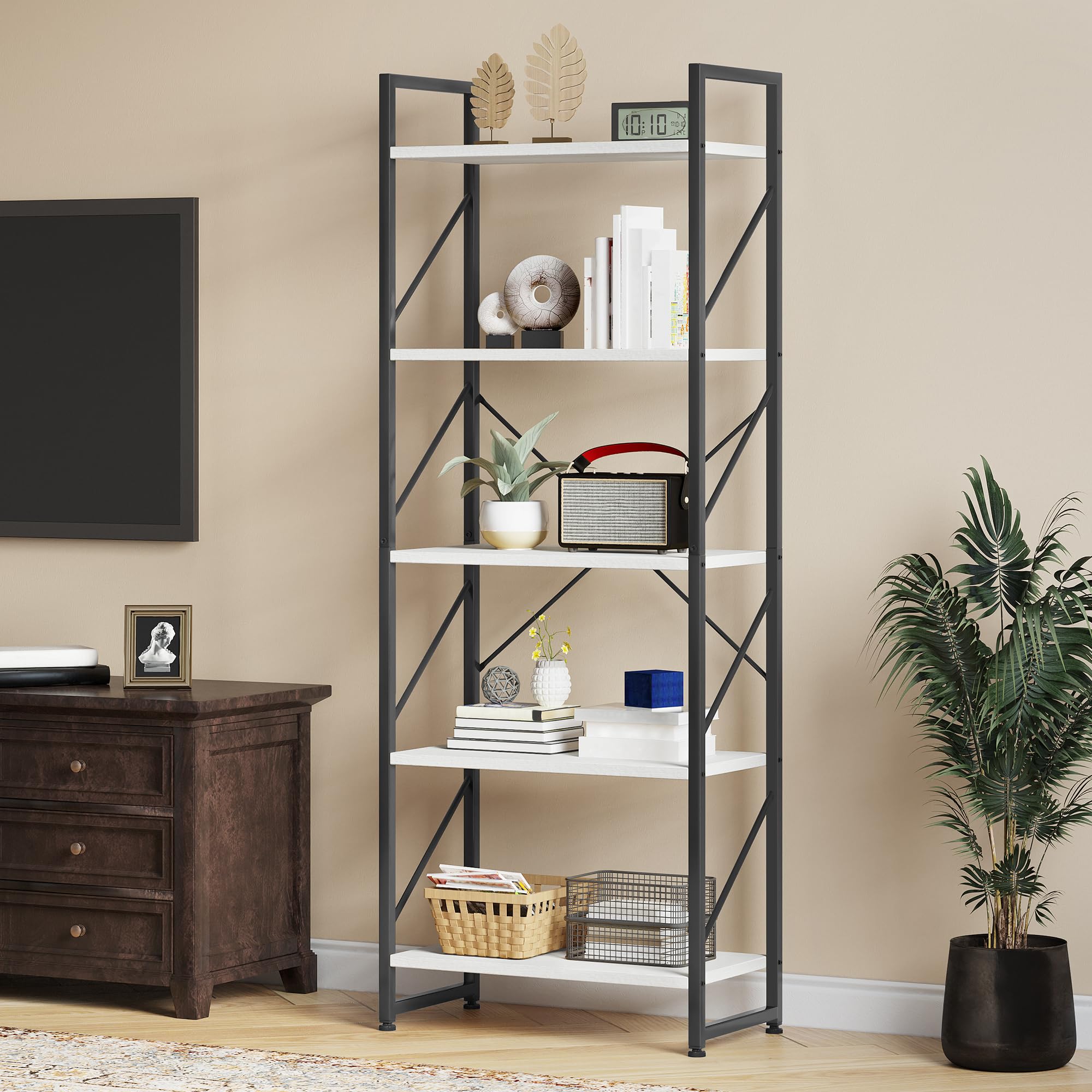 YITAHOME Bookcase 5 Tiers, Floor Standing Book Shelf, Wooden Shelf and Metal Frame Book Rack, Display Storage Rack Shelving Units for Living Room, Home Office - White Bookshelf