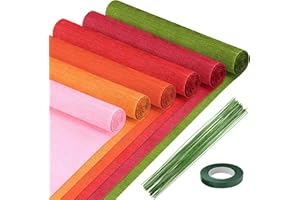 Mlurcu Crepe Paper - 6 Rolls, Red, 10 Inch Wide, Streamers, Flower Making Kits, Green Floral Tape and Floral Stem Wire for Wedding, Festival, Party, DIY Flower Crafts