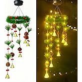 Solar Wind Chimes for Outside, 48 LED Hanging Wind Chimes Outdoor with Pine Cones, Bells & Red Berries, Solar Powered 2-in-1 Wind Chime Wreath for Garden, Porch, Patio, Yard, Winter Outdoor Decor