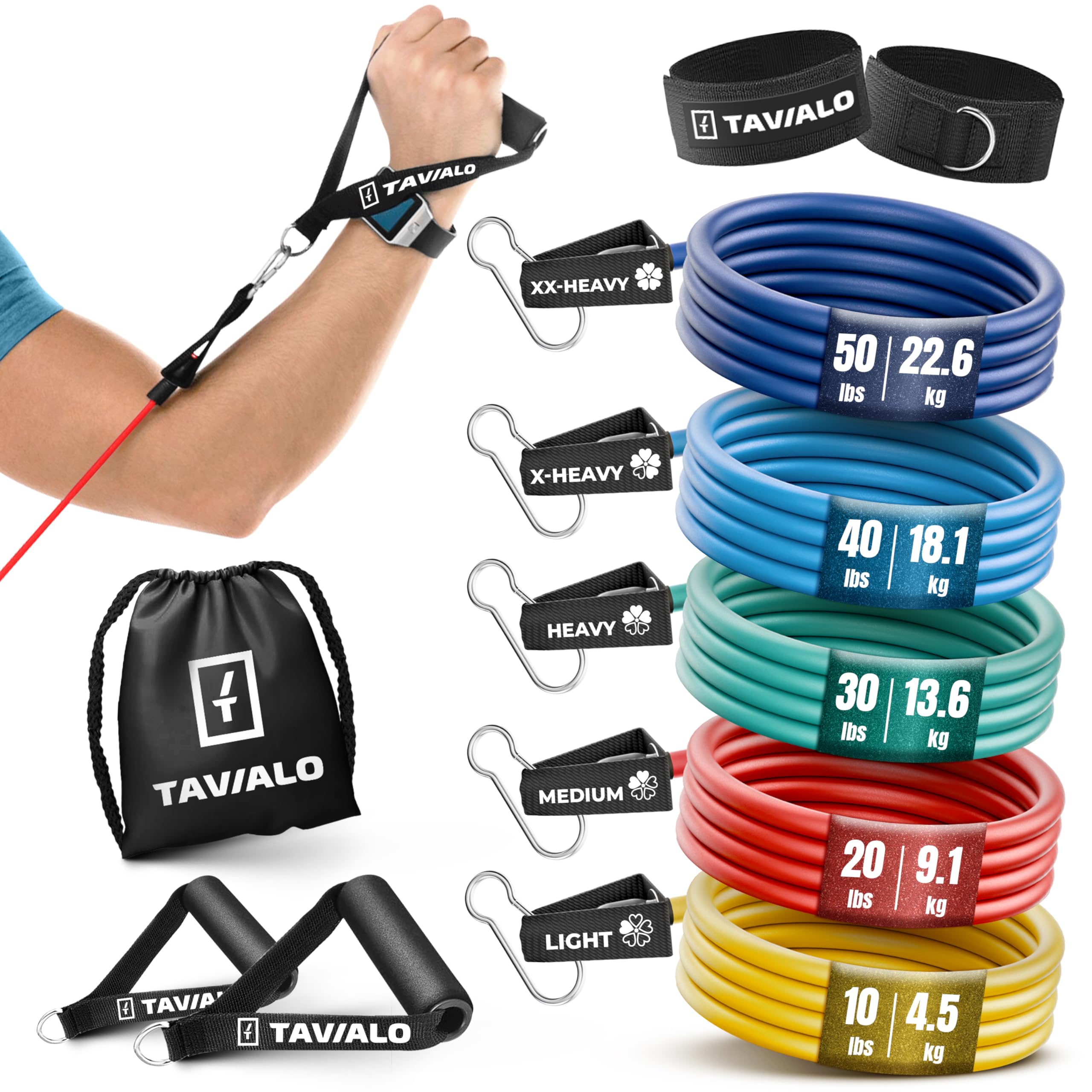 TAVIALO Resistance Bands with Handle: Set of 5 with Large Handle, Ankle Strap, Door Anchor Attachment and Carry Bag