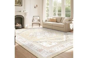 BESTSWEETIE 8x10 Area Rugs for Living Room Washable Non Slip Carpet Low Pile Soft Vintage Print Pattern Rug for Bedroom Dining Room Kitchen Entryway Indoor-Cream/Light Yellow/Brown/Blue/Red/Pink