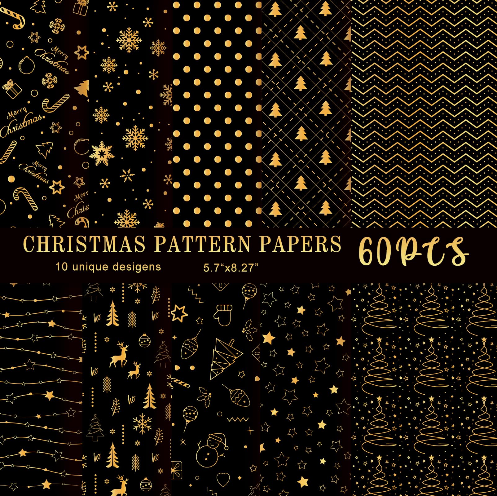 MIAHART 60 Pieces Merry Christmas Pattern Paper Set 10 Designs Festival Craft Paper for Card Making Scrapbook (Black & Gold, A5)