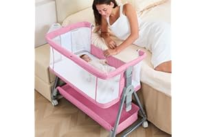 GROBEYBEES 3-in-1 Baby Bassinet Bedside Sleeper with Wheels Bedside Bassinet for Newborn and Infant with Mattress and Storage Basket | Adjustable Height & Angle (13.5-18") | ASTM/CPSIA Certified (Pink)