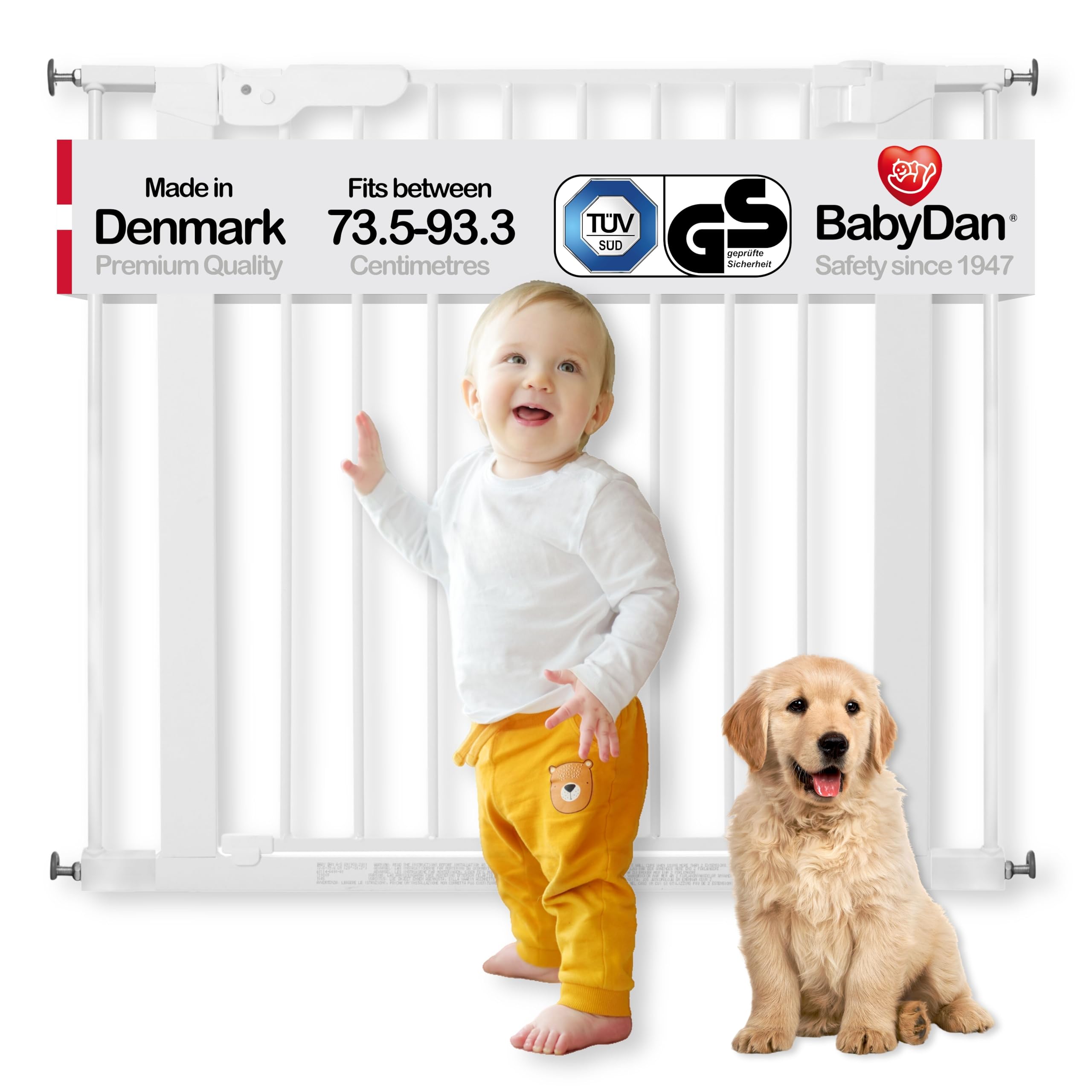 BabyDan Premier, Pressure Fit Stair Gate, 73.5-93.3 cm, Baby Gate/Safety Gate, Metal, White, Made in Denmark - (Pet Gate/Dog gate)