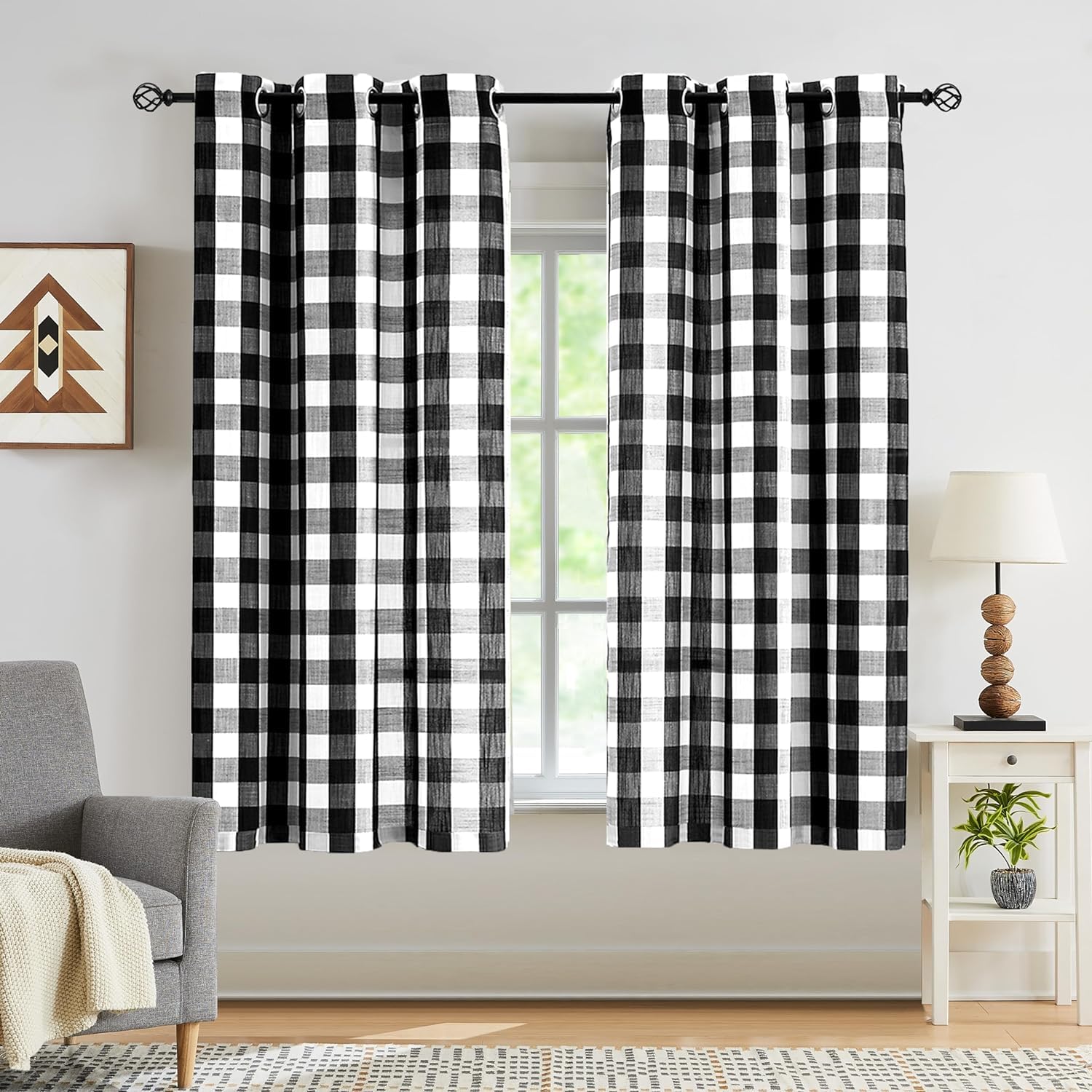 Abstractex Black White Buffalo Check Curtains 60x54 Inch Long for Bedroom Wide Gingham Farmhouse Classic Plaid Linen Textured Semi Sheer Eyelet Top Privacy Window Drapes for Living Room 2 Panels