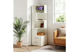LITTLE TREE 5-Tier Corner Bookshelf with 2 Drawers, 66.9-Inch Tall Corner Shelf Stand, Modern Corner Storage Cabinet Display 
