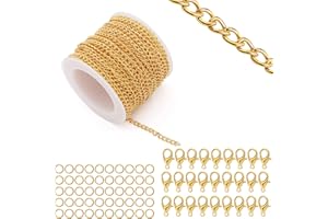 Lemonkey 33 Feet Metal Gold Necklace Chains Curb Links Chains Bulk for Jewelry Making DIY Craft Kit with Lobster Clasps Jump Rings