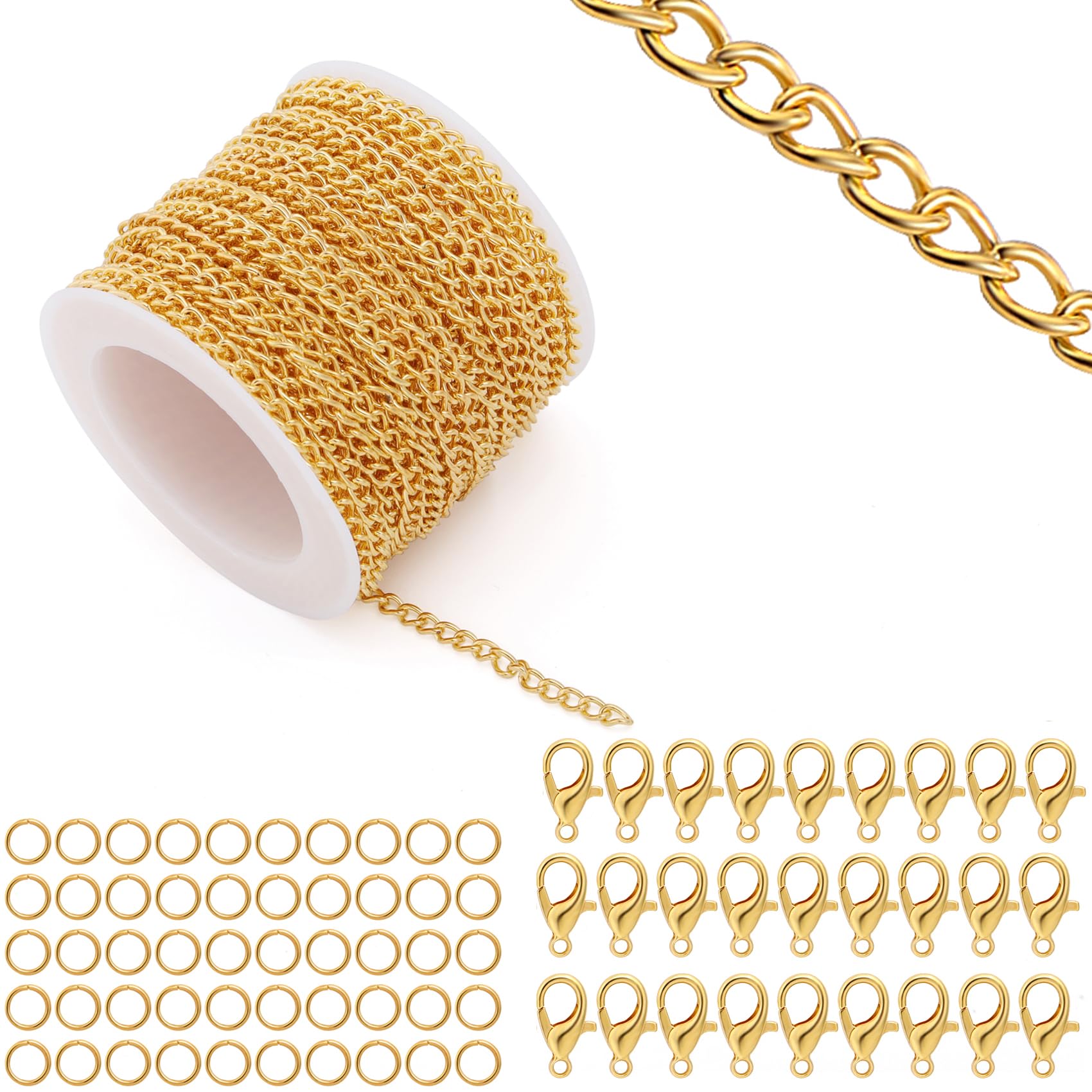 Lemonkey 33 Feet Metal Gold Necklace Chains Curb Links Chains Bulk for Jewelry Making DIY Craft Kit with Lobster Clasps Jump Rings