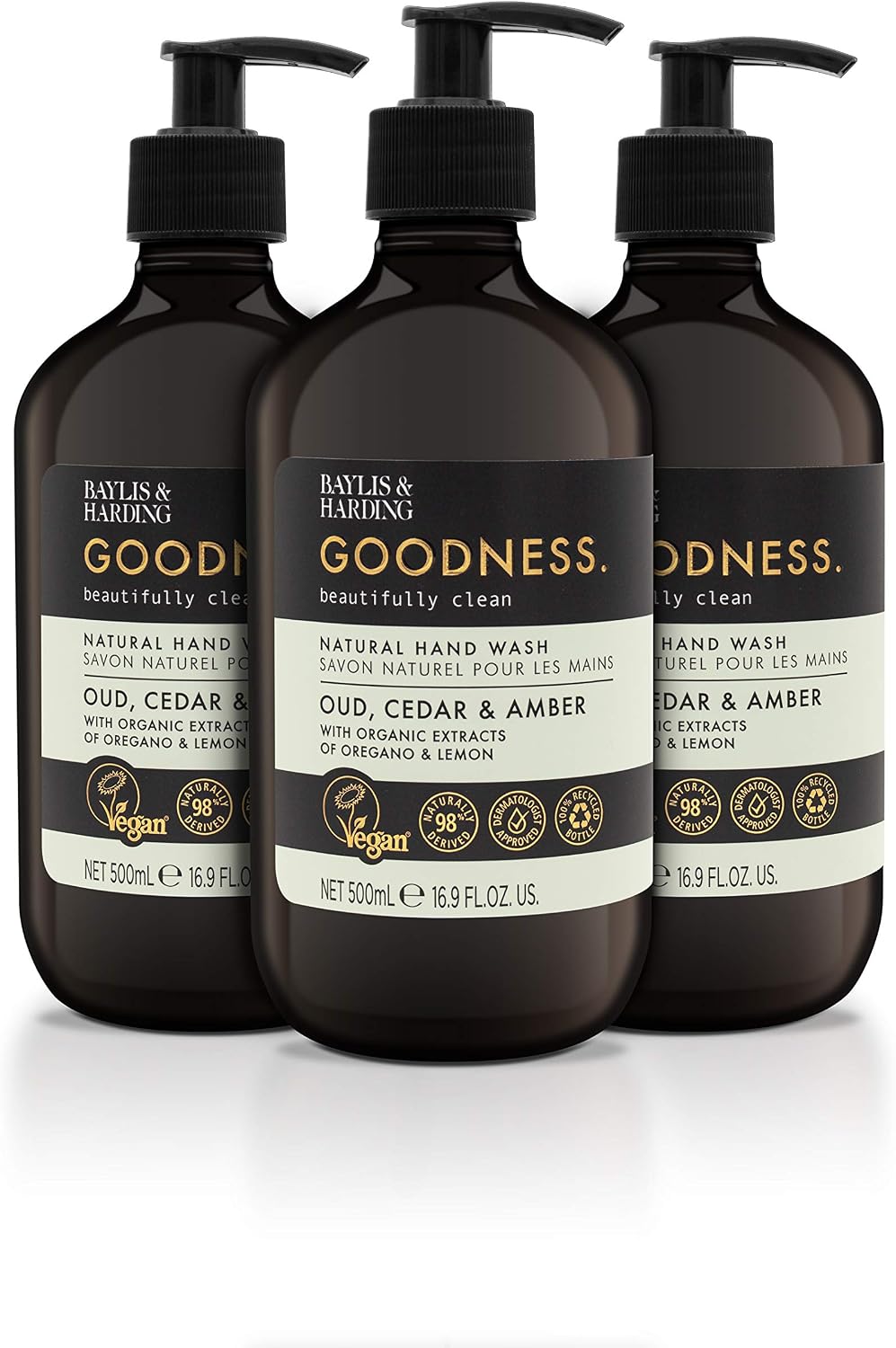 Baylis & Harding Goodness Oud, Cedar and Amber 3 x 500 ml Hand Wash and 3 x 500 ml Body Wash Bundle - Image 3