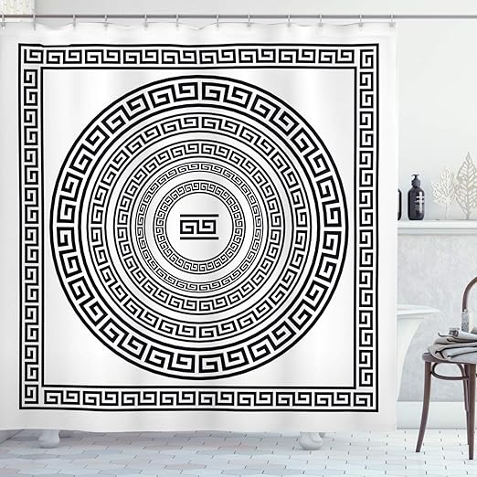 Amazon Com Ambesonne Greek Key Shower Curtain Traditional Meander Border Set With Square And Circles Antique Frame Pack Cloth Fabric Bathroom Decor Set With Hooks 70 Long White And Black Home Kitchen
