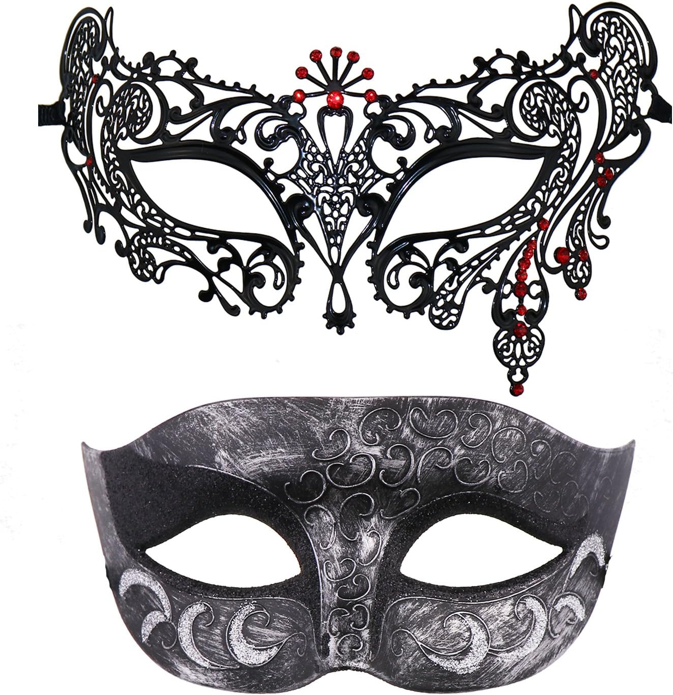 Thmyo 2 Pack Venetian Masquerade Mask for Couples Mardi Gras Halloween Ball Mask (Antique Silver black & black +red)