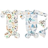 Terriboo Newborn Baby Boy Long Sleeve Sleeper Gown with Mittens Knotted Gown Coming Home Outfit Nightgown Hat Set 2 Pieces