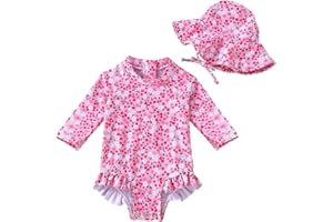 WOLBAY Baby Girl Swimsuit Long Sleeve One Piece Rash Guard with Sun Hat Zipper Bathing Suit Size 0-2T