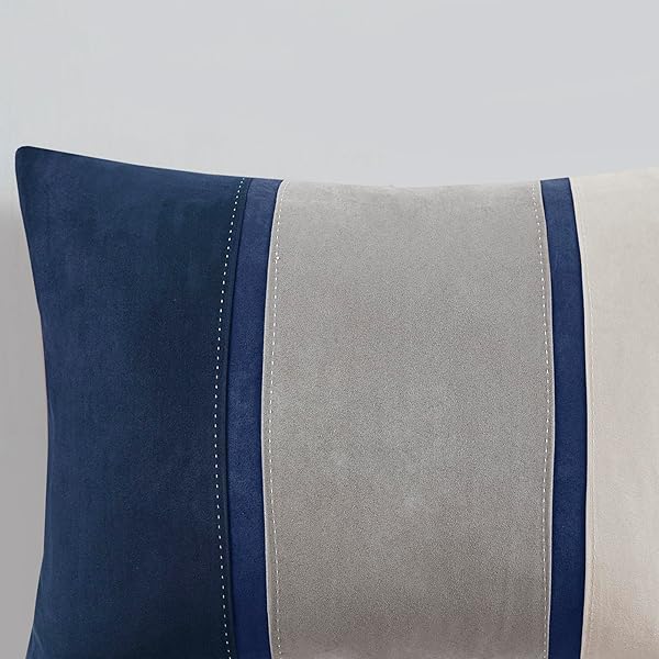 MADISON PARK PALISADES COMFORTER SET MODERN FAUX SUEDE PIECED STRIPE DESIGN, ALL SEASON DOWN ALTERNATIVE COZY BEDDING WITH MATCHING SHAMS, DECORATIVE PILLOWS, CAL KING(104″X92″), BLUE 7 PIECE