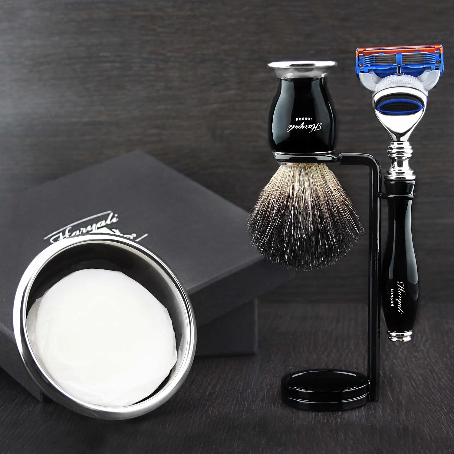 Haryali London 5 Pc Mens Shaving Kit 5 Edge Safety Razor with Black Badger Hair Shaving Brush, Stand, Soap and Bowl Perfect Set for Men - Image 4