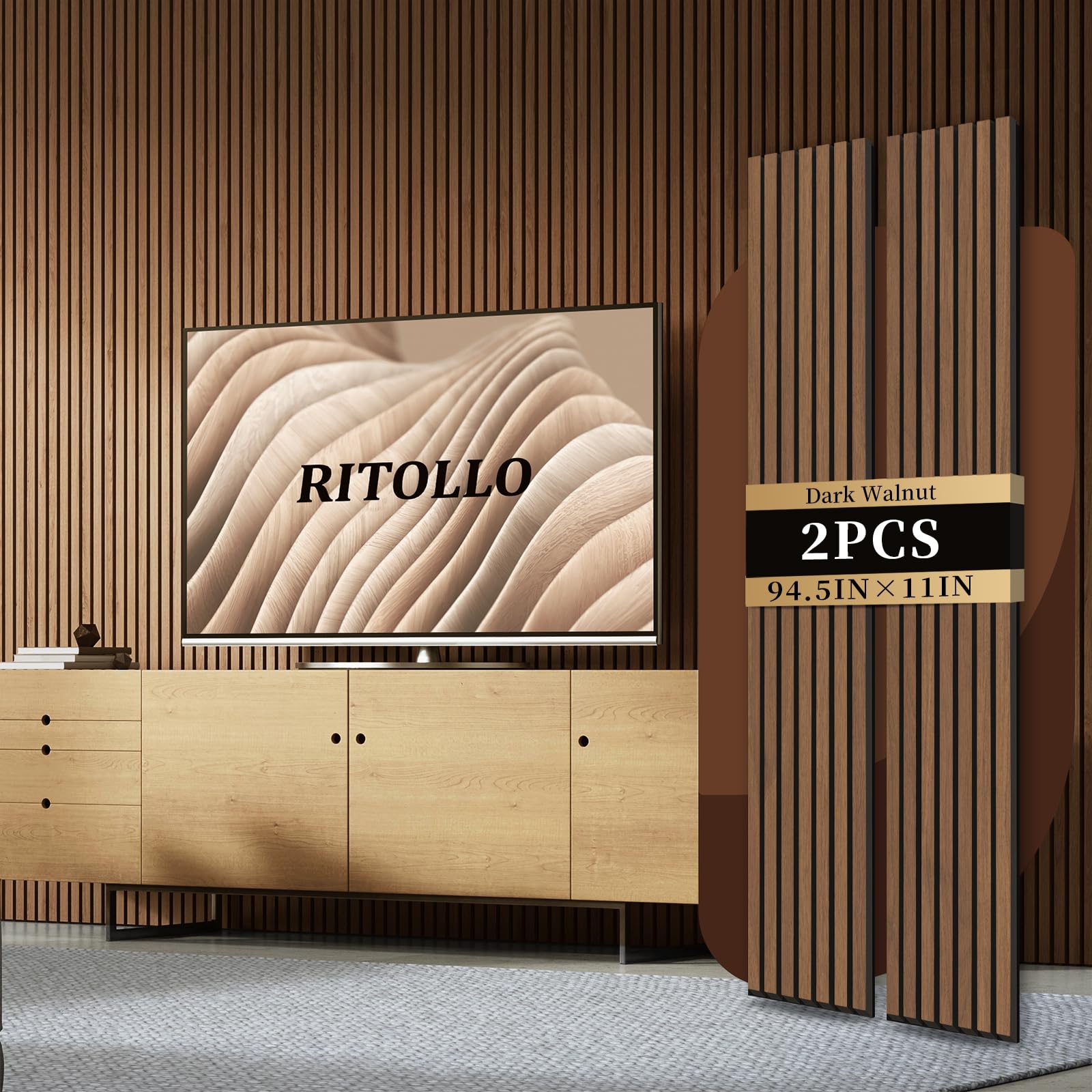 Photo 1 of Ritollo Wood Panels for Wall 94.5"×11" Acoustic Panels for Interior Wall Decor, 3D Wood Slat Fluted Sound Absorbing Panel - Walnut 2 Pack