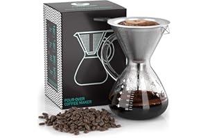 Coffee Gator Pour Over Coffee Maker - 27oz High Heat Borosilicate Glass with Reusable Stainless Steel Filter, Drip Coffee Brewer Dripper Set Carafe, 800ml Clear
