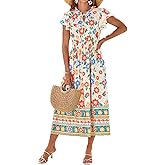 GRACE KARIN Women's Floral Boho Dress Hawaiian Dresse Short Sleeve V Neck Summer Beach Wedding Guest Swing Maxi Sundress