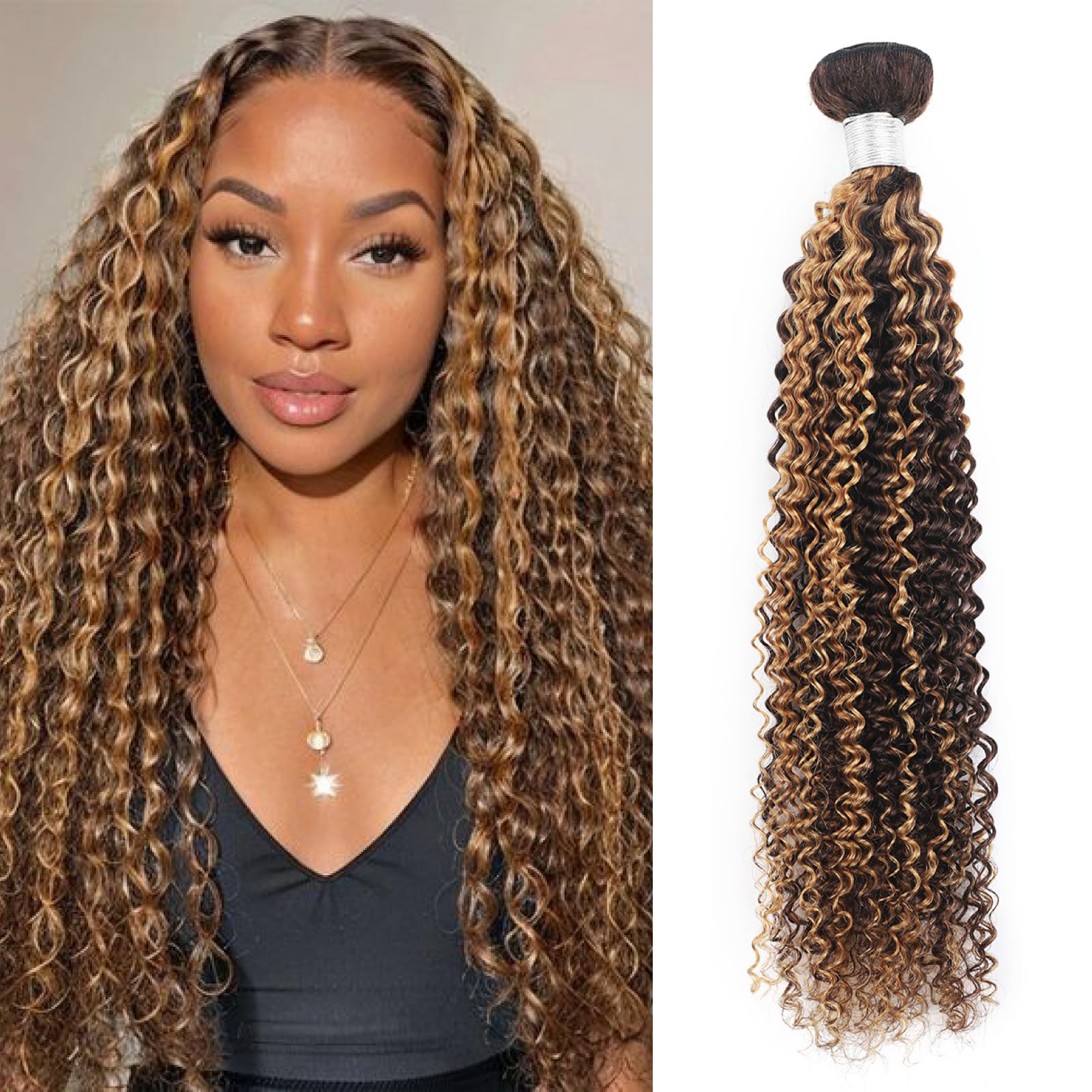 Kinky Curly Bundles Ombre Human Hair Highlight Brazilian Virgin Curly Hair P4/27 Color One Bundle 2 Tone Brown and Honey Blonde Weave 18 Inch — image 1