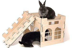 HIIMALEX Extra Large Sturdy Bunny Hideout Wooden Rabbit Castle with Ramp Indoor House Habitat for Rabbits Hamsters Guinea Pigs Ferrets Bunnies