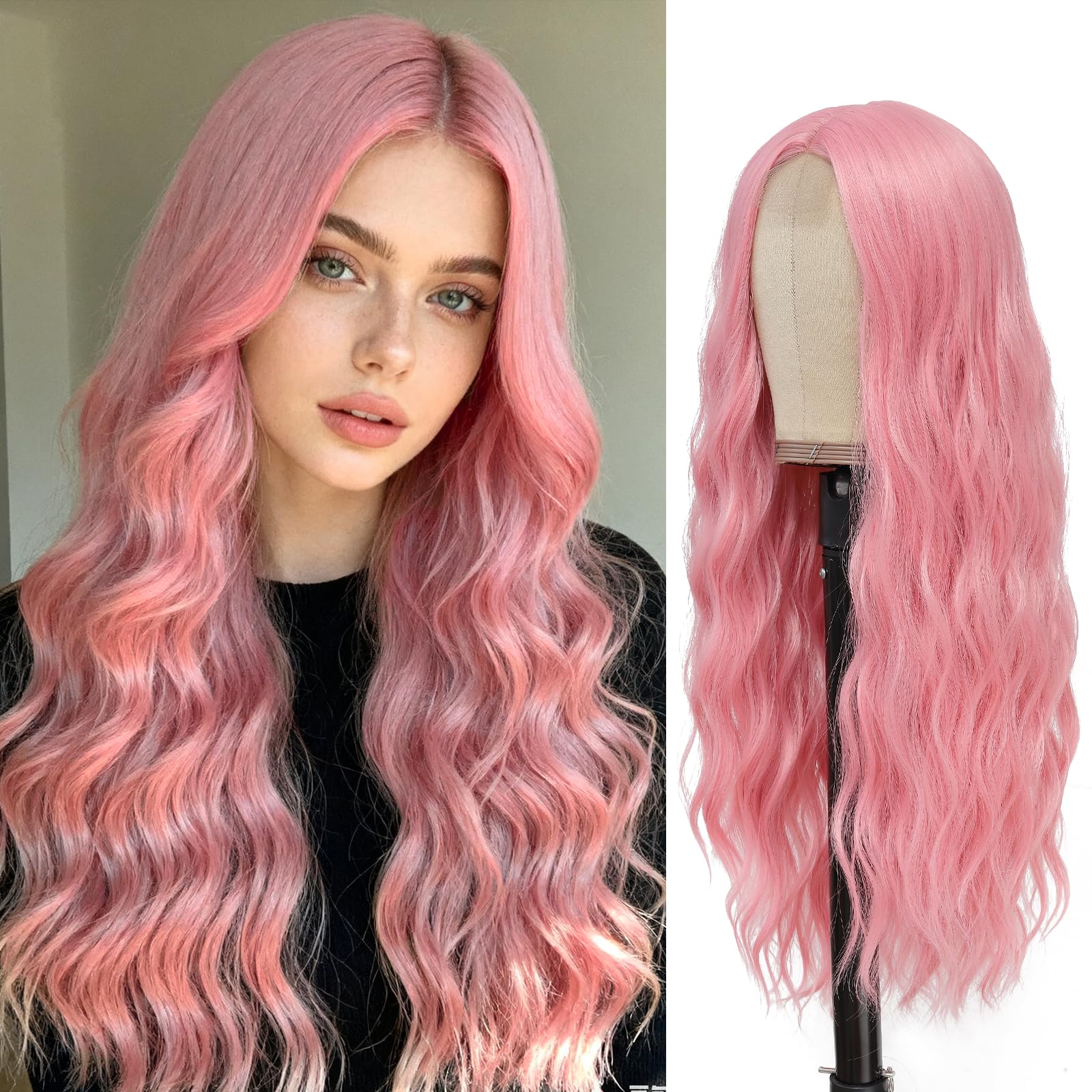 Photo 1 of YBYMCAI Long Pink Wavy Wigs for Women Middle Part Pastel Pink Wig 26 inch Natural Curly Synthetic Wig Heat Resistant Fiber Wigs for Daily Party Use