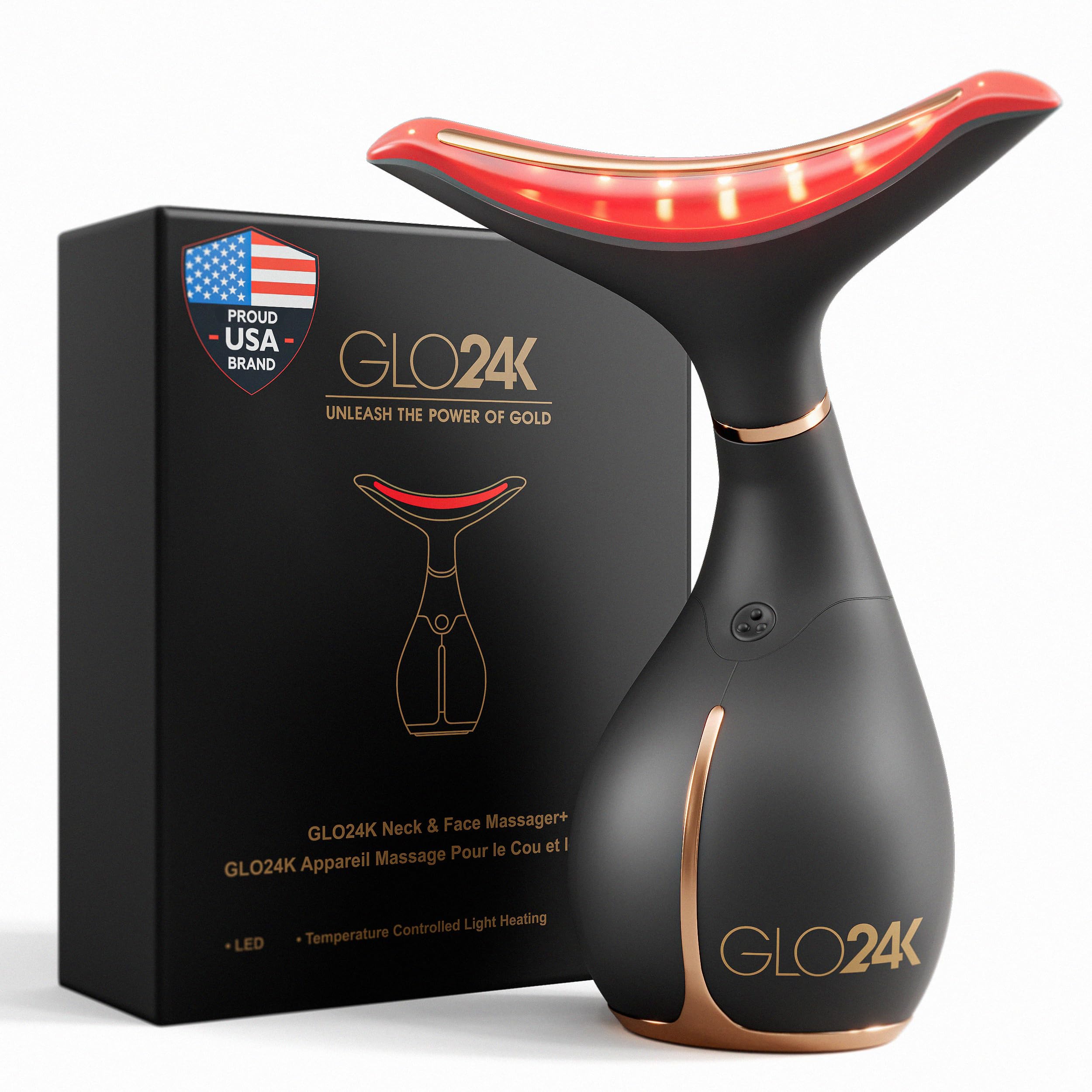 GLO24K Red Light Face & Neck Beauty Device – 3-in-1 Facial Massager Tool with LED & Vibration for Skin Revitalization and Neck Firming