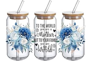 DTHOME3 UV DTF Glass Cup Wrap Transfer - Gift for Mom,to The World You are A Mother - Blue Floral UVDTF, Waterproof Decal for 16oz Glass Cups, Gifts for Mother Day- 3PCS